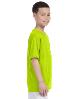 Sample of Gildan G420B - Youth Performance 100% Polyester T in SAFETY GREEN from side sleeveleft
