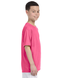 Sample of Gildan G420B - Youth Performance 100% Polyester T in SAFETY PINK from side sleeveleft
