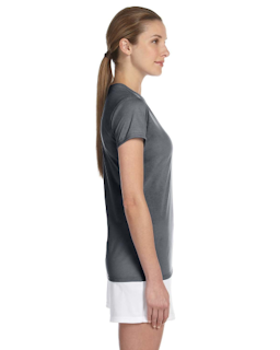 Sample of Gildan G420L - Ladies' Performance 100% Polyester Tee in CHARCOAL from side sleeveleft
