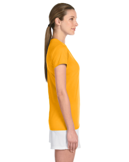 Sample of Gildan G420L - Ladies' Performance 100% Polyester Tee in GOLD from side sleeveleft