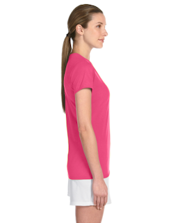 Sample of Gildan G420L - Ladies' Performance 100% Polyester Tee in SAFETY PINK from side sleeveleft