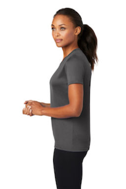 Sample of Port & Company Ladies Essential Performance Tee in Charcoal from side sleeveleft