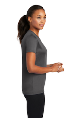 Sample of Port & Company Ladies Essential Performance Tee in Charcoal from side sleeveright