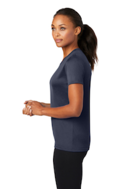 Sample of Port & Company Ladies Essential Performance Tee in Deep Navy from side sleeveleft