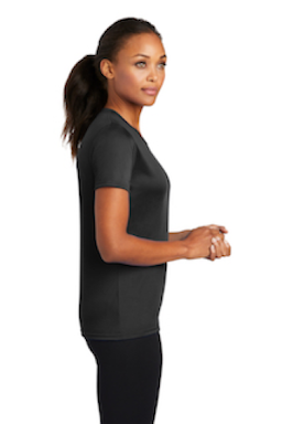 Sample of Port & Company Ladies Essential Performance Tee in Jet Black from side sleeveright
