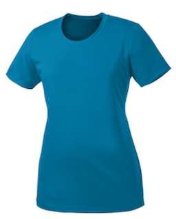 Sample of Port & Company Ladies Essential Performance Tee in Neon Blue from side front