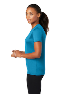 Sample of Port & Company Ladies Essential Performance Tee in Neon Blue from side sleeveleft