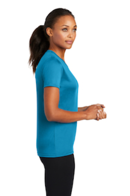 Sample of Port & Company Ladies Essential Performance Tee in Neon Blue from side sleeveright