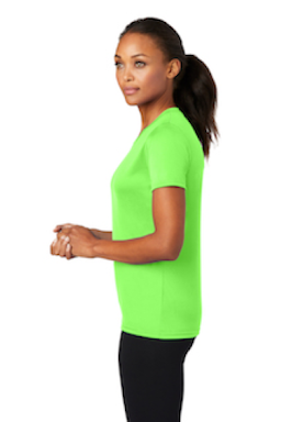 Sample of Port & Company Ladies Essential Performance Tee in Neon Green from side sleeveleft