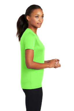 Sample of Port & Company Ladies Essential Performance Tee in Neon Green from side sleeveright