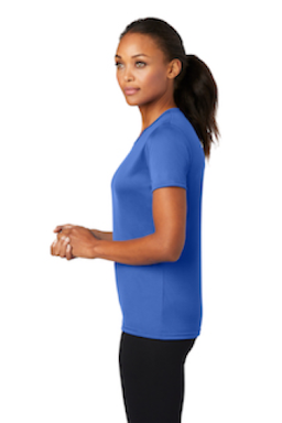 Sample of Port & Company Ladies Essential Performance Tee in Royal from side sleeveleft