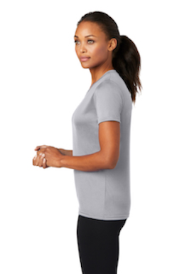 Sample of Port & Company Ladies Essential Performance Tee in Silver from side sleeveleft