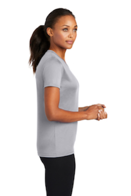 Sample of Port & Company Ladies Essential Performance Tee in Silver from side sleeveright