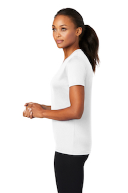 Sample of Port & Company Ladies Essential Performance Tee in White from side sleeveleft