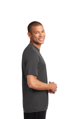 Sample of Port & Company Essential Performance Tee in Charcoal from side sleeveleft