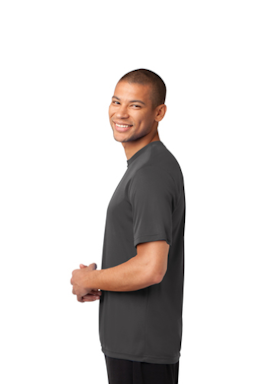 Sample of Port & Company Essential Performance Tee in Charcoal from side sleeveright