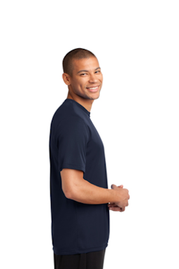 Sample of Port & Company Essential Performance Tee in Deep Navy from side sleeveleft