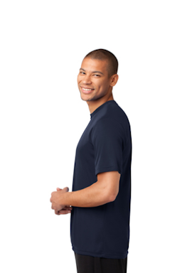 Sample of Port & Company Essential Performance Tee in Deep Navy from side sleeveright