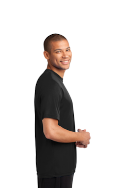 Sample of Port & Company Essential Performance Tee in Jet Black from side sleeveleft