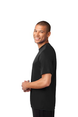 Sample of Port & Company Essential Performance Tee in Jet Black from side sleeveright