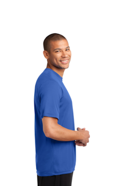 Sample of Port & Company Essential Performance Tee in Royal from side sleeveleft
