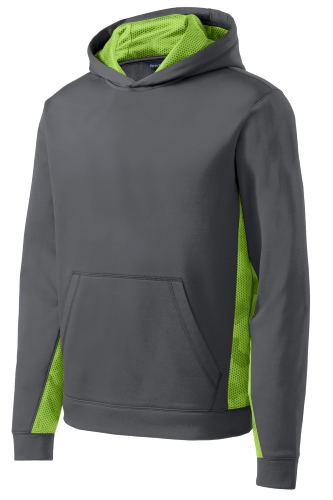 Sample of Sport-Tek Youth Sport-Wick CamoHex Fleece Colorblock Hooded Pullover in Dk Smk Gy Lime style
